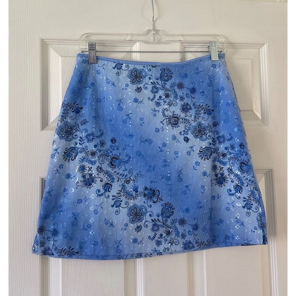 Vtg Y2K Mini Skirt in Sky Blue Floral Paisley Size 7 Lined Vintage 2000s